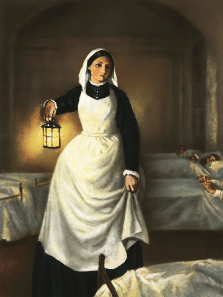 Florence Nightingale holding a lamp, symbolising compassion and the origins of modern nursing care at home