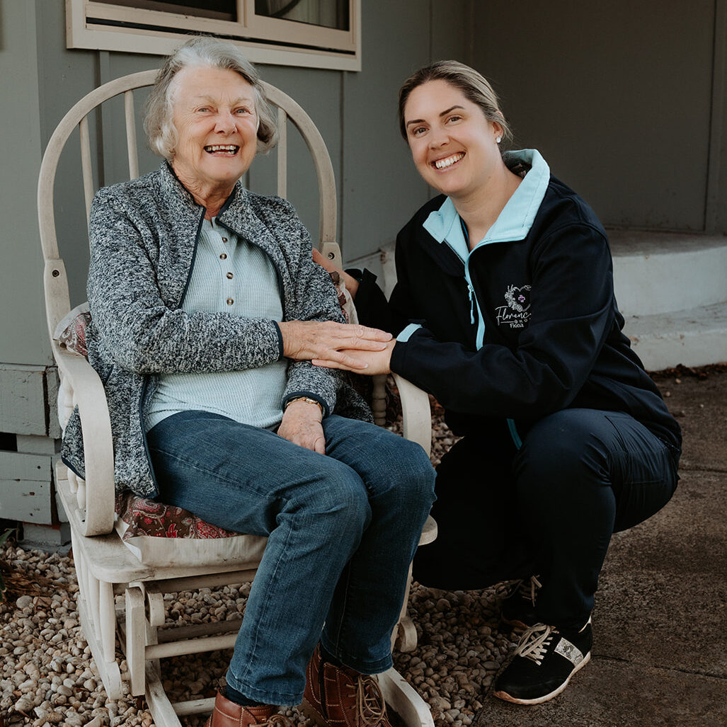 Nurse providing companionship and in-home care support to elderly woman in Portland, Victoria.