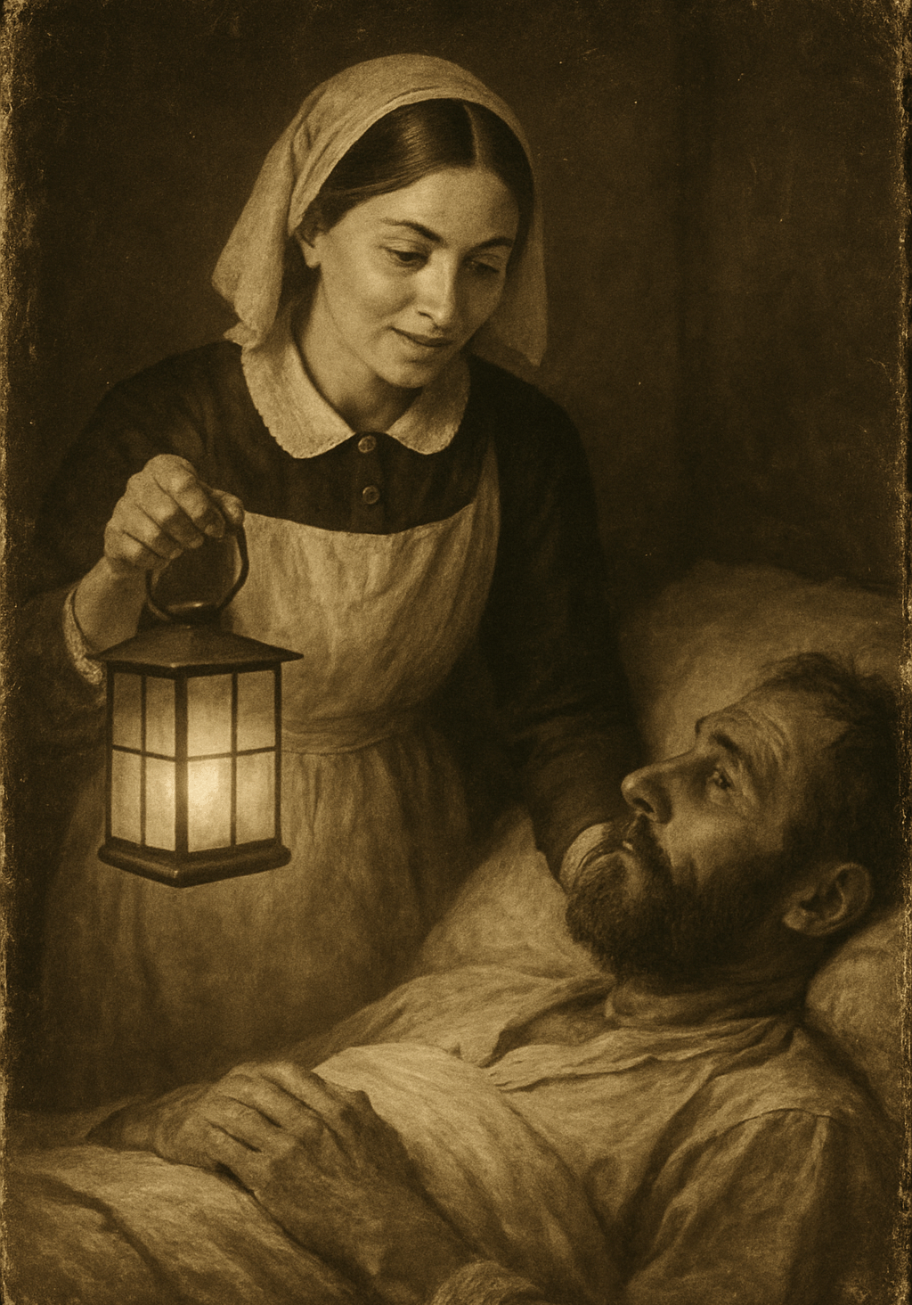 Florence Nightingale holding a lantern while caring for a patient, symbol of compassionate nursing.
